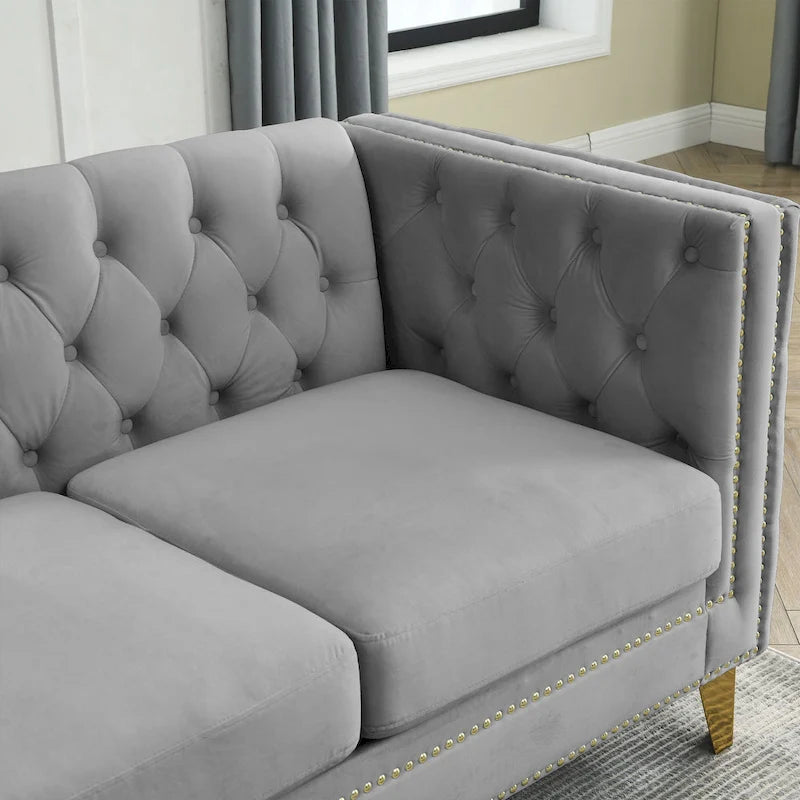 Tufted 3-Seat Velvet Sofa with Nailhead Trim, Solid Wood Frame Upholstered Couch for Living Room