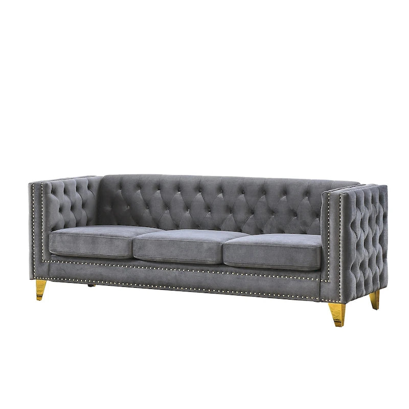 Tufted 3-Seat Velvet Sofa with Nailhead Trim, Solid Wood Frame Upholstered Couch for Living Room