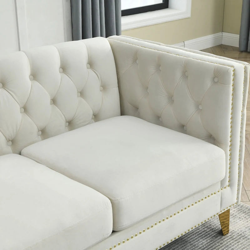 Tufted 3-Seat Velvet Sofa with Nailhead Trim, Solid Wood Frame Upholstered Couch for Living Room