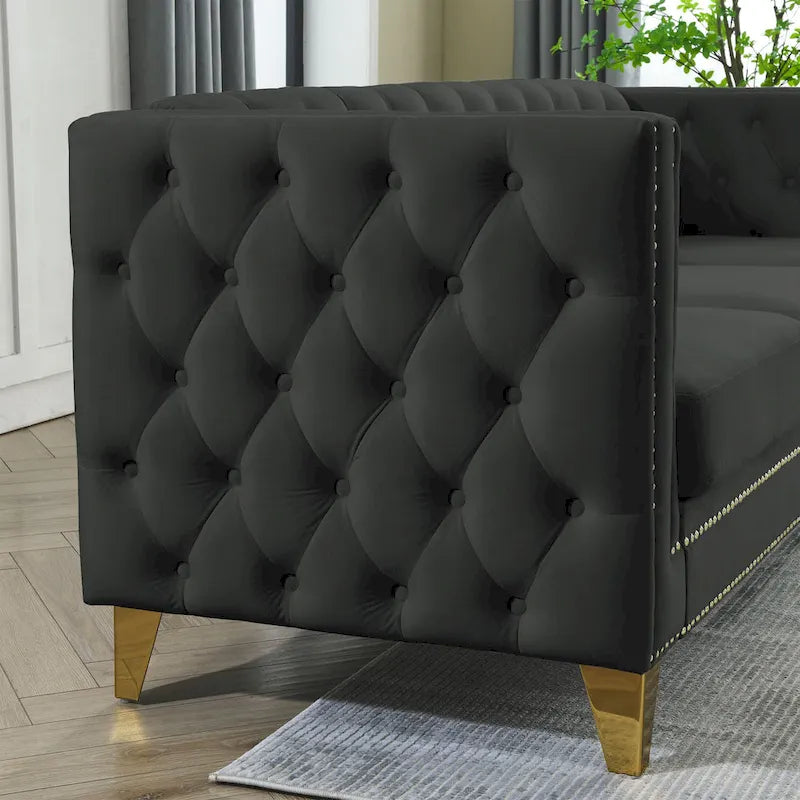 Tufted 3-Seat Velvet Sofa with Nailhead Trim, Solid Wood Frame Upholstered Couch for Living Room