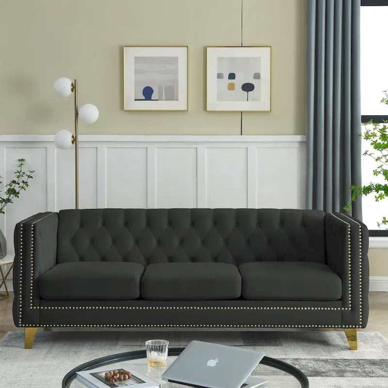 Tufted 3-Seat Velvet Sofa with Nailhead Trim, Solid Wood Frame Upholstered Couch for Living Room