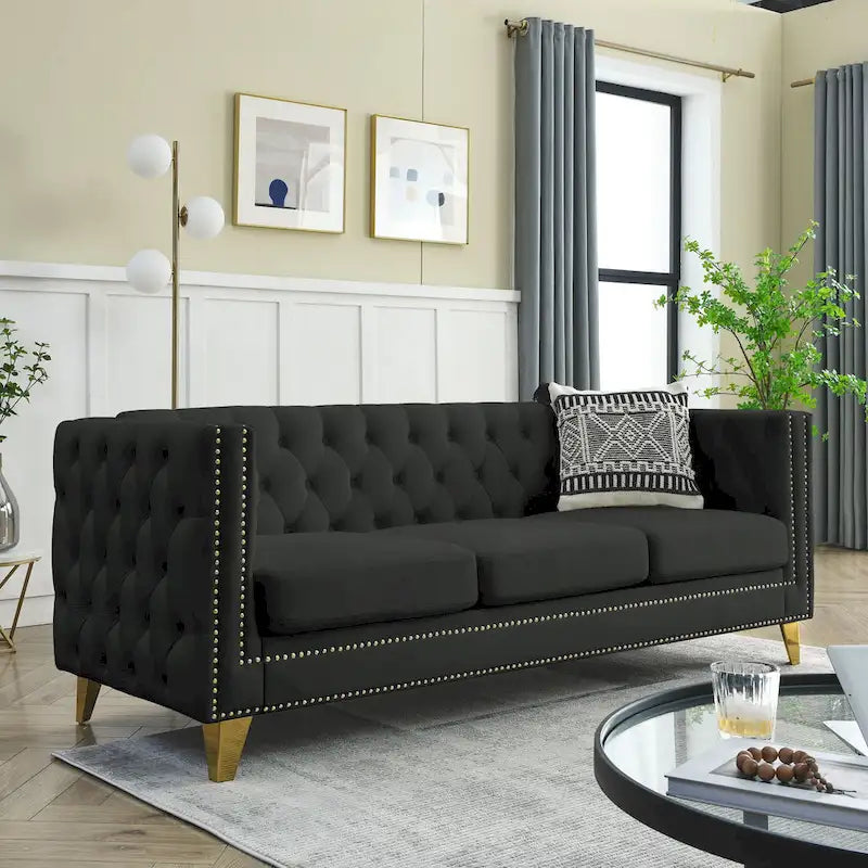 Tufted 3-Seat Velvet Sofa with Nailhead Trim, Solid Wood Frame Upholstered Couch for Living Room