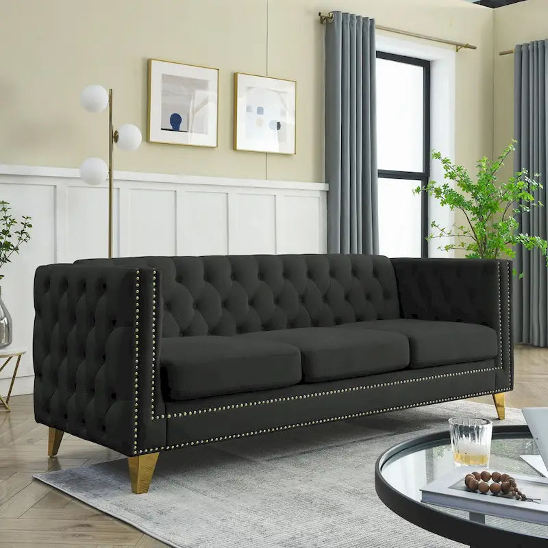 Tufted 3-Seat Velvet Sofa with Nailhead Trim, Solid Wood Frame Upholstered Couch for Living Room
