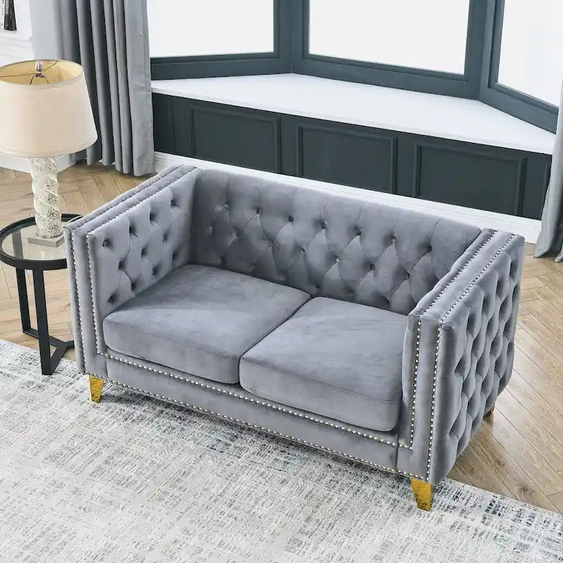 Tufted 3-Seat Velvet Sofa with Nailhead Trim, Solid Wood Frame Upholstered Couch for Living Room