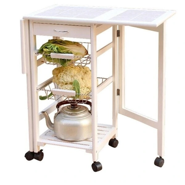 Folding Rolling Wood Kitchen Cart with 2 Baskets and 1 Drawer