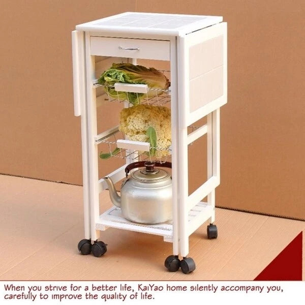 Folding Rolling Wood Kitchen Cart with 2 Baskets and 1 Drawer