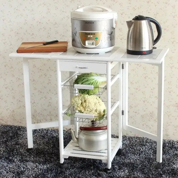 Folding Rolling Wood Kitchen Cart with 2 Baskets and 1 Drawer