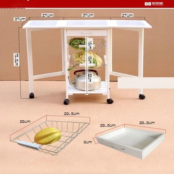 Folding Rolling Wood Kitchen Cart with 2 Baskets and 1 Drawer