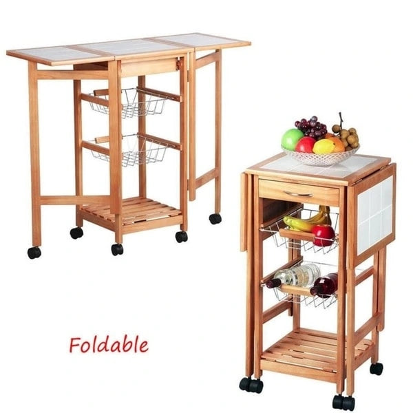 Folding Rolling Wood Kitchen Cart with 2 Baskets and 1 Drawer