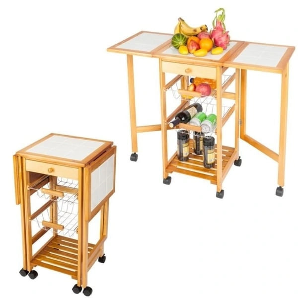 Folding Rolling Wood Kitchen Cart with 2 Baskets and 1 Drawer