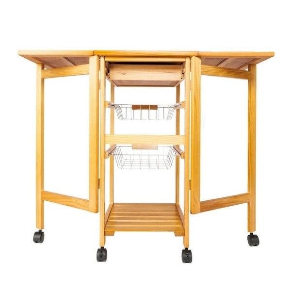 Folding Rolling Wood Kitchen Cart with 2 Baskets and 1 Drawer