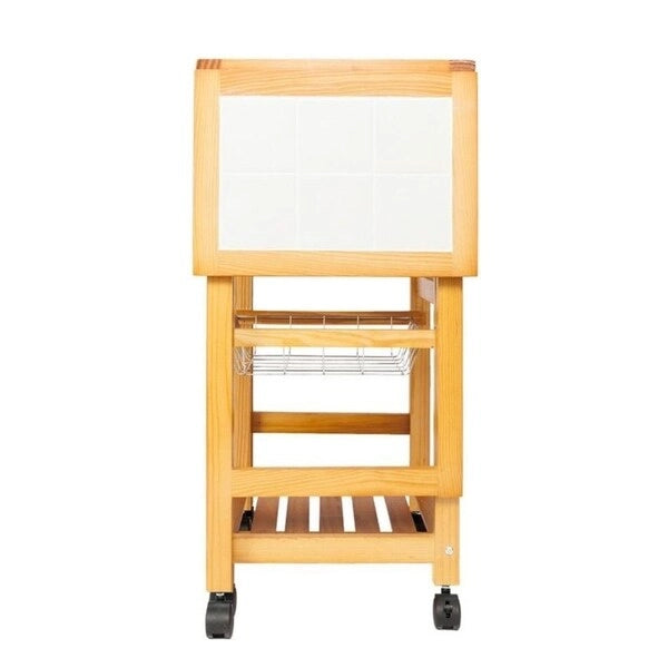 Folding Rolling Wood Kitchen Cart with 2 Baskets and 1 Drawer