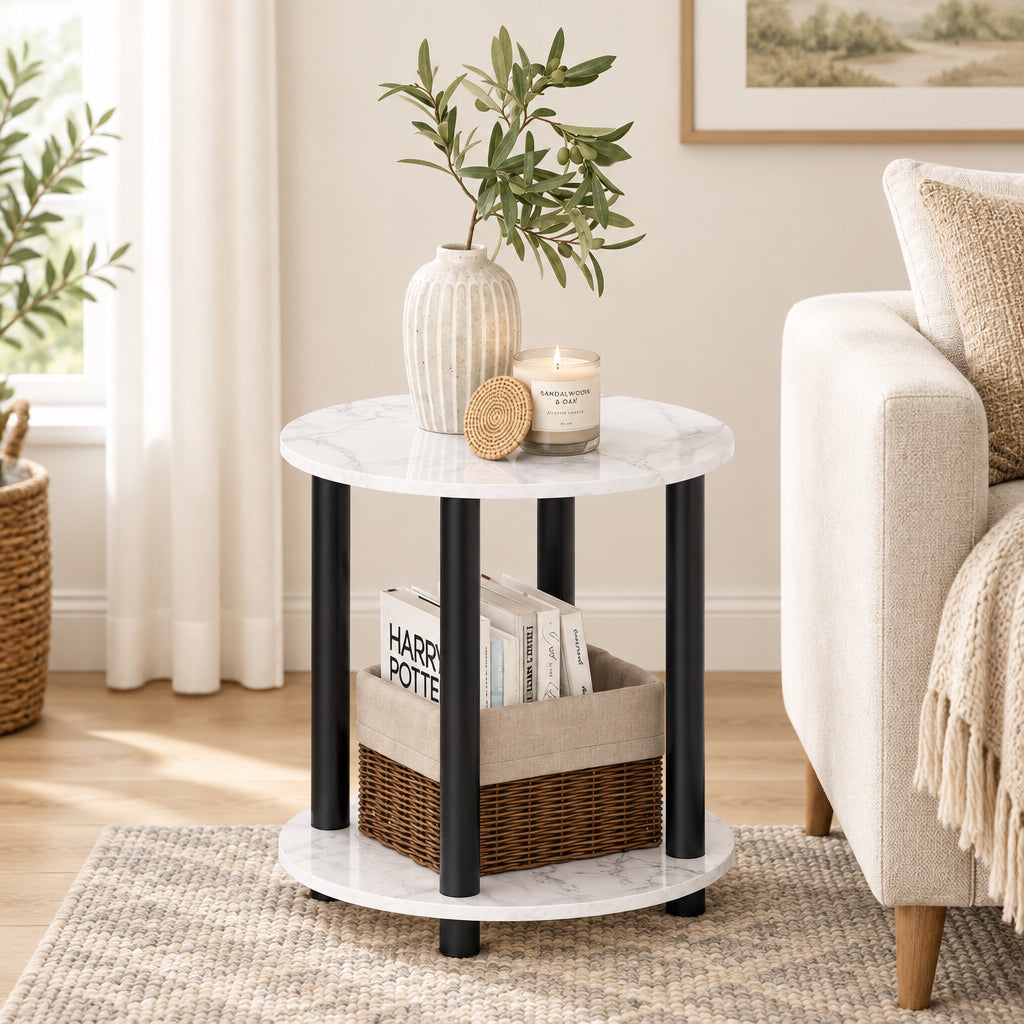 2-Tier Round Wooden End Table, Marble White