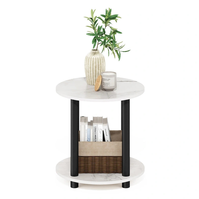 2-Tier Round Wooden End Table, Marble White