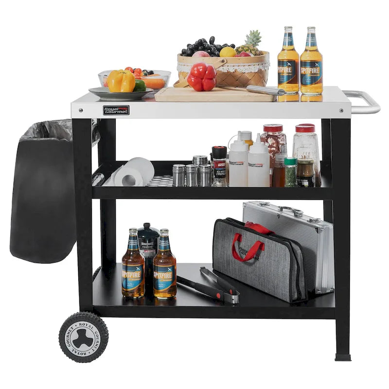 Royal Gourmet Movable 3-Shelf Grill Table with Removable Trash Bag Holder