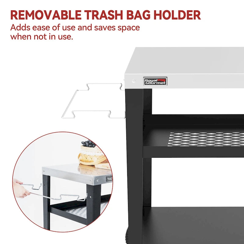 Movable 3-Shelf Grill Table with Removable Trash Bag Holder
