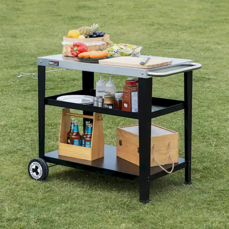 Movable 3-Shelf Grill Table with Removable Trash Bag Holder