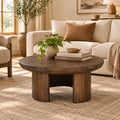 35 Inch Coffee Table, Handcrafted Round Mango Wood Top, Modern Curved Tripod Legs, Walnut Brown