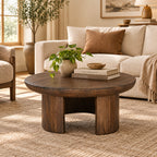 35 Inch Coffee Table, Handcrafted Round Mango Wood Top, Modern Curved Tripod Legs, Walnut Brown
