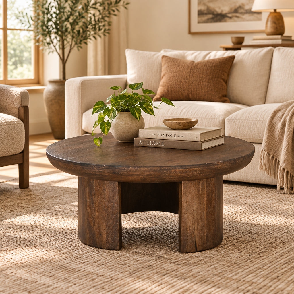 35 Inch Coffee Table, Handcrafted Round Mango Wood Top, Modern Curved Tripod Legs, Walnut Brown