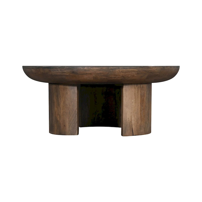 35 Inch Coffee Table, Handcrafted Round Mango Wood Top, Modern Curved Tripod Legs, Walnut Brown