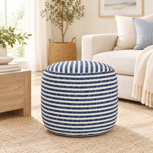 18 Blue and White Striped Round Pouf Ottoman
