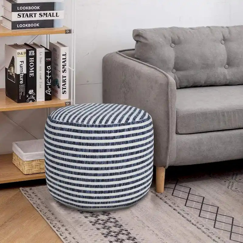 18 Blue and White Striped Round Pouf Ottoman