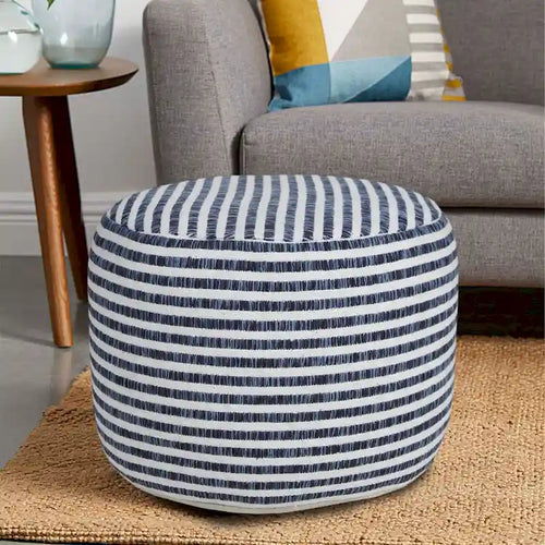 18 Blue and White Striped Round Pouf Ottoman