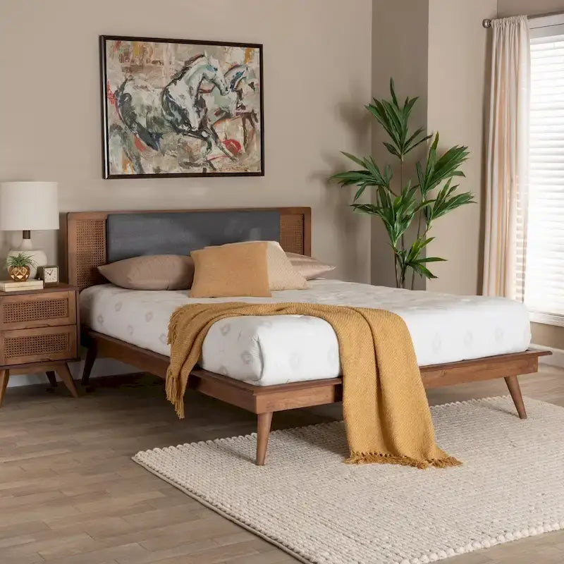 Delfina Mid-Century Modern Dark Grey Fabric and Walnut Brown Finished Wood Platform Bed