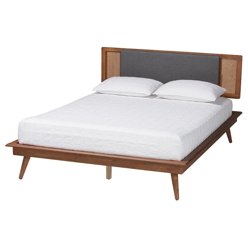 Mid-Century Modern Dark Grey Fabric and Walnut Brown Wood Platform Bed