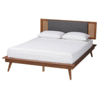Mid-Century Modern Dark Grey Fabric and Walnut Brown Wood Platform Bed