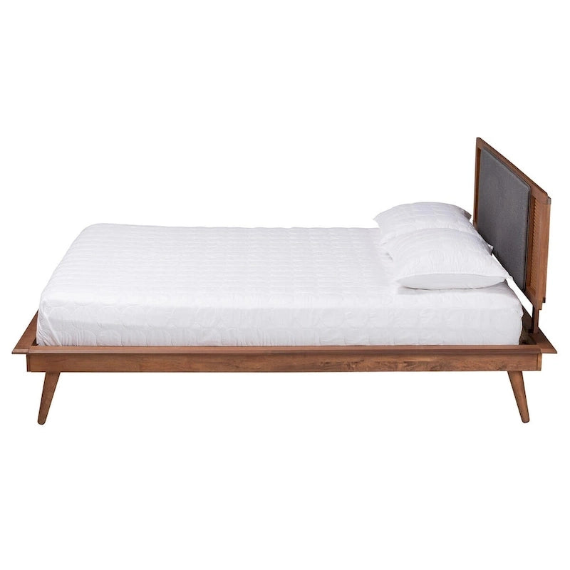 Mid-Century Modern Dark Grey Fabric and Walnut Brown Wood Platform Bed