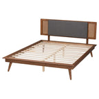 Mid-Century Modern Dark Grey Fabric and Walnut Brown Wood Platform Bed
