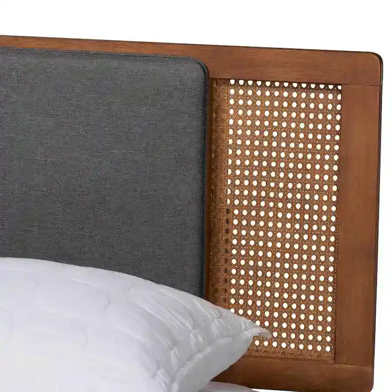 Mid-Century Modern Dark Grey Fabric and Walnut Brown Wood Platform Bed