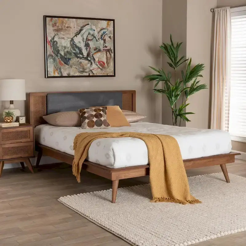 Mid-Century Modern Dark Grey Fabric and Walnut Brown Wood Platform Bed