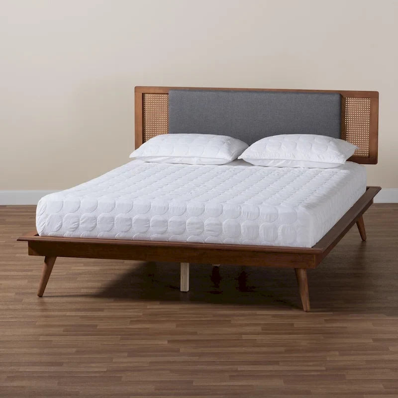 Mid-Century Modern Dark Grey Fabric and Walnut Brown Wood Platform Bed