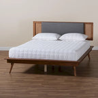 Mid-Century Modern Dark Grey Fabric and Walnut Brown Wood Platform Bed