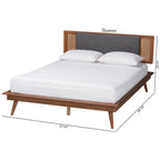 Mid-Century Modern Dark Grey Fabric and Walnut Brown Wood Platform Bed