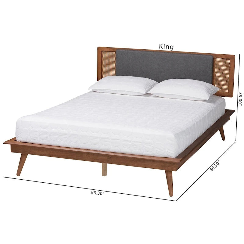 Mid-Century Modern Dark Grey Fabric and Walnut Brown Wood Platform Bed