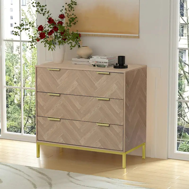 Anmytek Mid-Century Modern 3-Drawer Wood Dresser Natural Oak Chest of Drawers for Bedroom