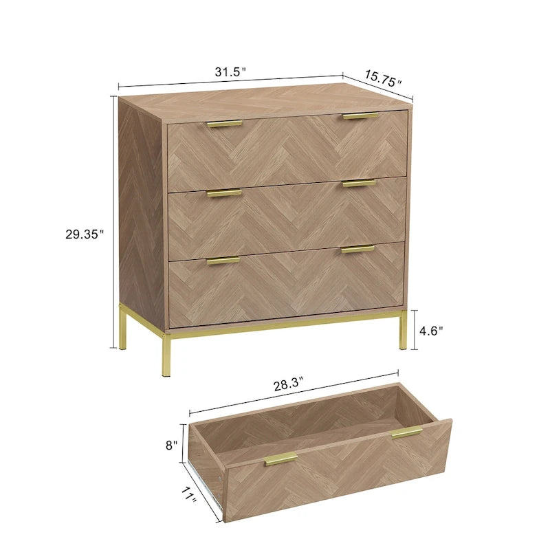 Mid-Century Modern 3-Drawer Wood Dresser Natural Oak Chest of Drawers for Bedroom
