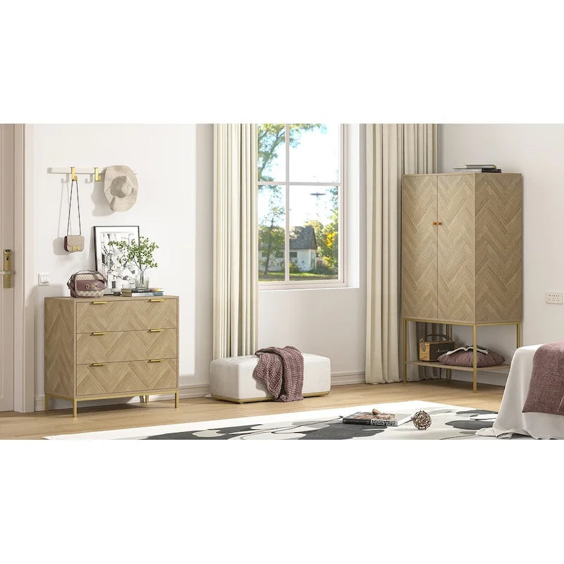 Mid-Century Modern 3-Drawer Wood Dresser Natural Oak Chest of Drawers for Bedroom