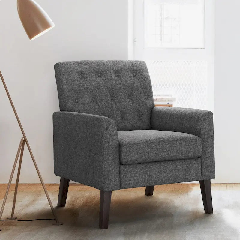 Linen and Walnut Legs Mid Century Modern Button Tufted Accent Chair - 29.53 H X 30 W X 33.07 D