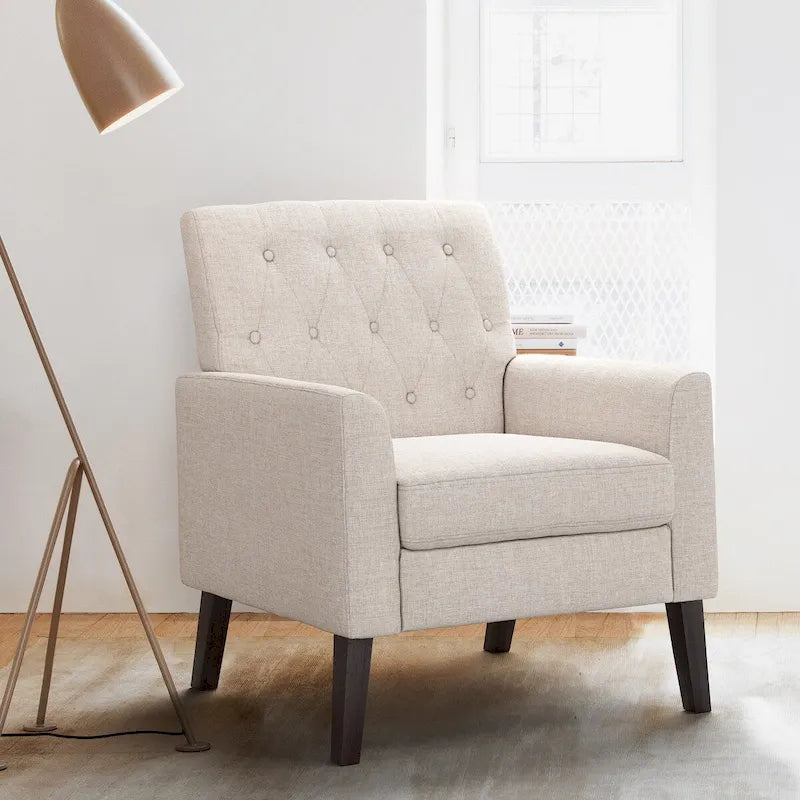 Linen and Walnut Legs Mid Century Modern Button Tufted Accent Chair - 29.53 H X 30 W X 33.07 D