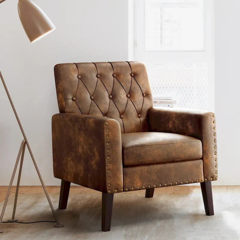 Linen and Walnut Legs Mid Century Modern Button Tufted Accent Chair - 29.53 H X 30 W X 33.07 D