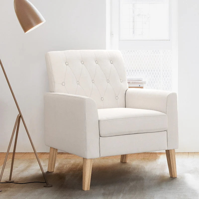 Linen and Walnut Legs Mid Century Modern Button Tufted Accent Chair - 29.53 H X 30 W X 33.07 D