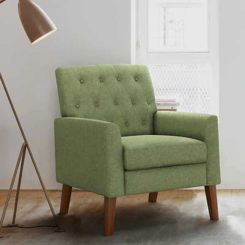 Linen and Walnut Legs Mid Century Modern Button Tufted Accent Chair - 29.53 H X 30 W X 33.07 D