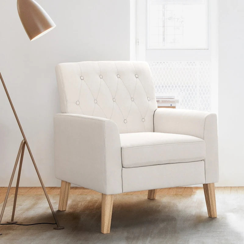 LUE BONA Linen and Walnut Legs Mid Century Modern Button Tufted Accent Chair - 29.53 H X 30 W X 33.07 D