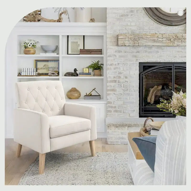 Linen and Walnut Legs Mid Century Modern Button Tufted Accent Chair - 29.53 H X 30 W X 33.07 D