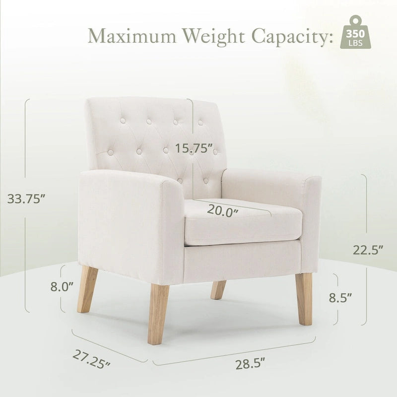 Linen and Walnut Legs Mid Century Modern Button Tufted Accent Chair - 29.53 H X 30 W X 33.07 D